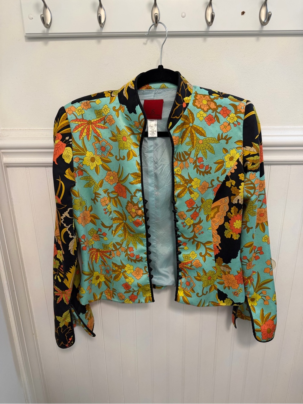 JS Collections Silk Aqua and Black Floral Open-Front Jacket
